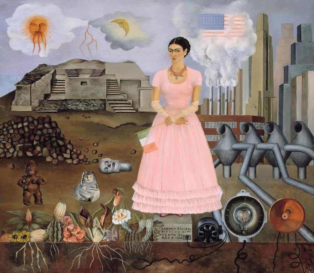 Frida Kahlo’s Self-Portrait on the Borderline Between Mexico and the United States illustrates the tension between Mexican and American nationalism. More than just a 20th century girlboss, Kahlo pulled zero punches when it came to voicing her conc