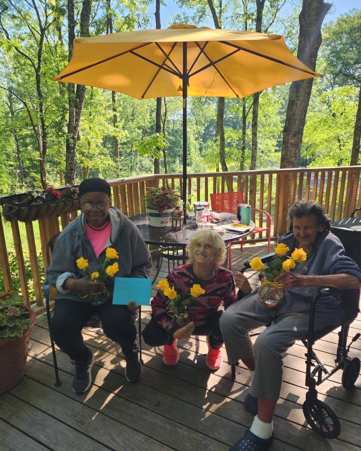 Last weekend, our newest caregiver, Brie, brought a little sunshine to our back deck with this umbrella&mdash;and we are all loving it! ☀️