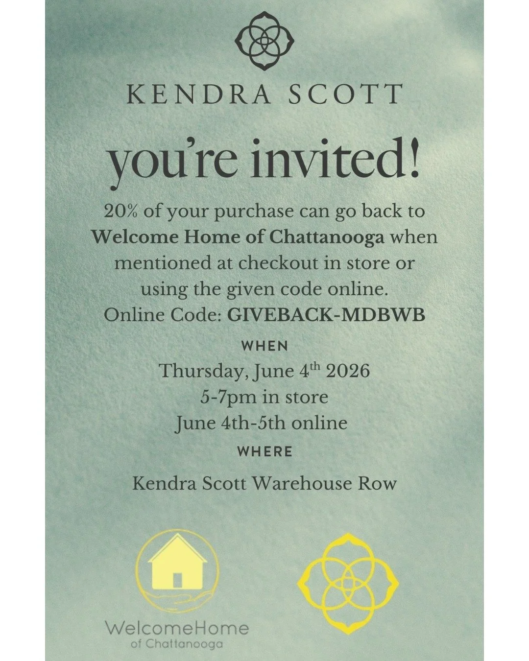 This Thursday, June 4th from 5&ndash;7 PM, the new Kendra Scott store at Warehouse Row is hosting a giveback event for Welcome Home, and we'd love to see you there!

Stop by, enjoy complimentary sips and sweets, and shop beautiful jewelry knowing tha