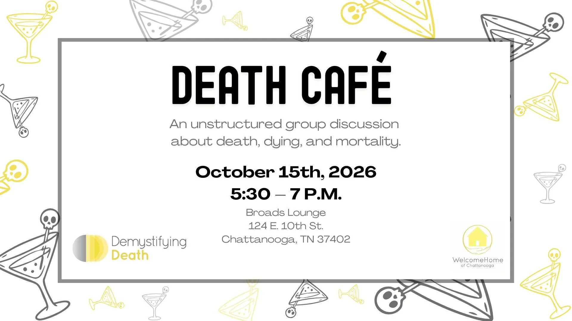We're excited to partner with @broadslounge on October 15th for a death caf&eacute;!

A death caf&eacute; is an unstructured group discussion about death, dying, and mortality.

Admission is free, but we ask that you register so we know how many peop