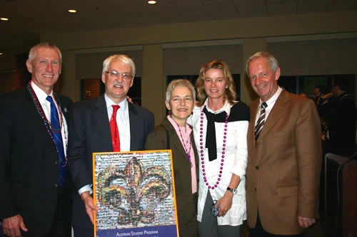 From left: Chancellor Timothy Ryan, Professor Guenter Bischof, ASP Coordinator Ellen Palli, Center Austria's Gertraud Griessner, and Professor Franz Mathis.
