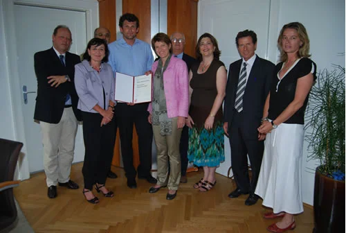 From left: Horst Burman, City of Innsbruck Cultural Department; Beate Palfreder, Tyrolean State Government; Klaus Frantz, University of Innsbruck; Manfred Kohler, Nick Mueller Fellow; Christine Oppitz-Plörer, City of Innsbruck; Bobby Dupont, University of New Orleans, Alea Cot, University of New Orleans, Karl-Heinz Töchterle, Chancellor, University of Innsbruck; and Center Austria's Gertraud Griessner.