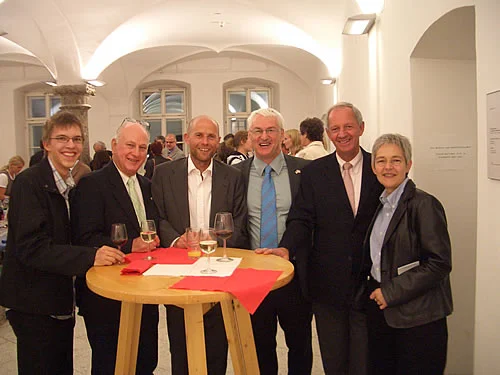 From left: Martin Frick, 2006/7 Center Austria Grad Assistant, Research Prof. Emeritus Dr. Charles Hadley, Mr. Eugen Stark, Executive Director, Austrian Marshall Plan Foundation, Prof. Günter Bischof, Director Center Austria, Prof. Franz Mathis, UNO-LFU Innsbruck Friendship Coordinator, Mrs. Ellen Palli, Executive Director, Austrian Student Program.