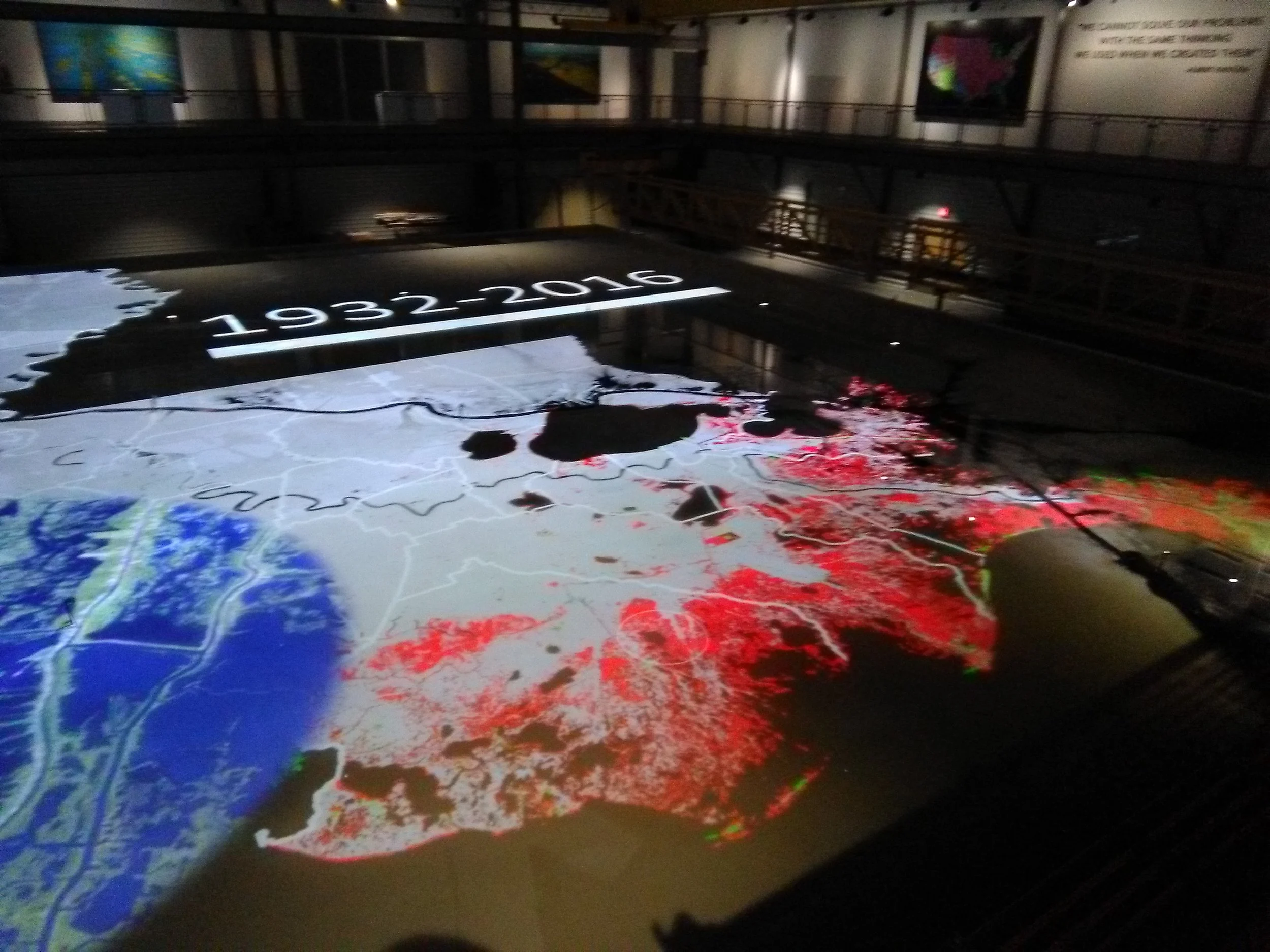 The Lower Mississippi River Physical Model at the LSU Center for River Studies--one of the world's largest movable bed physical models. Here the red shows land lost since the 1930s.