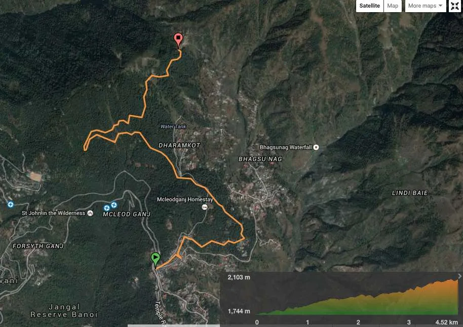 route overview - Mcleodganj bus stand to Galu Temple. View in wikiloc / Google maps