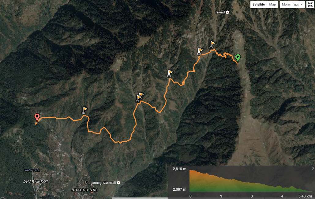 route overview - Triund to Galu Temple. View in wikiloc / Google maps