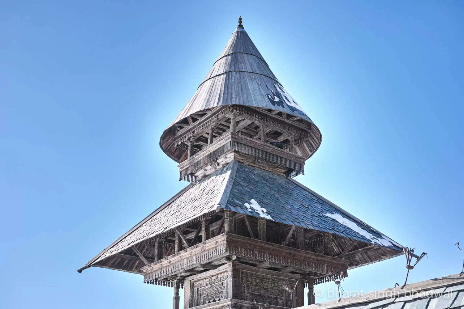 Three storey pagoda temple carved out of wood