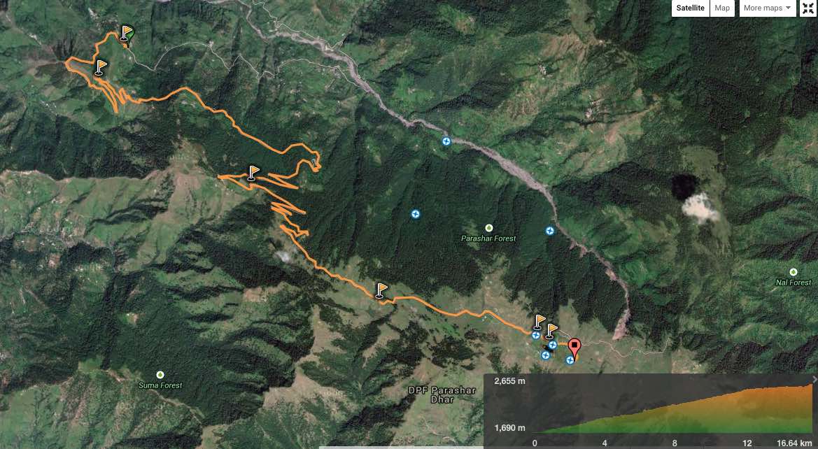 route overview - Baagi village to Prashar Lake (view in wikiloc / Google maps )