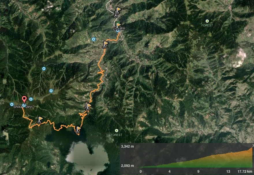 Route overview with elevation chart - Janjehli to Shikari Mata (view in wikiloc / google maps )