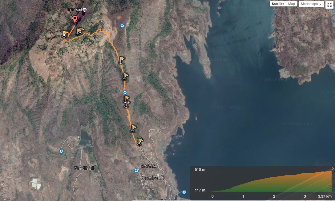 2D route overview - Karja to Irshalgad day trek (view in wikiloc / google maps )