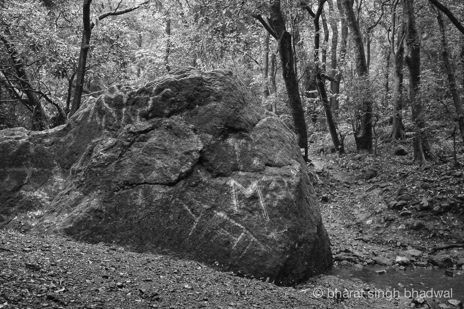 A large boulder along Ganesh Ghat route that has been vandalised.