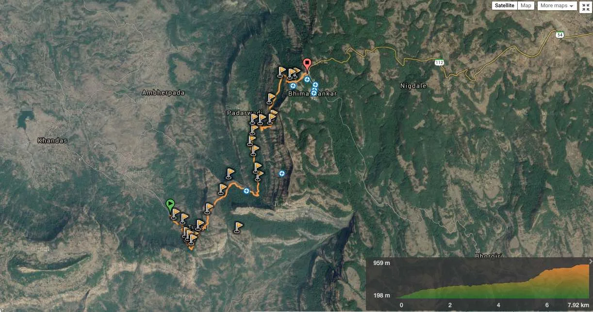 Route overview in 2D - Khandas to Bhimashankar. View in wikiloc / google maps