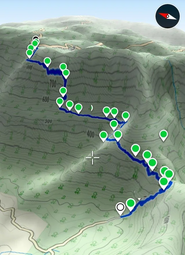 3D route overview that shows the 3 climbs on the trekking trail.