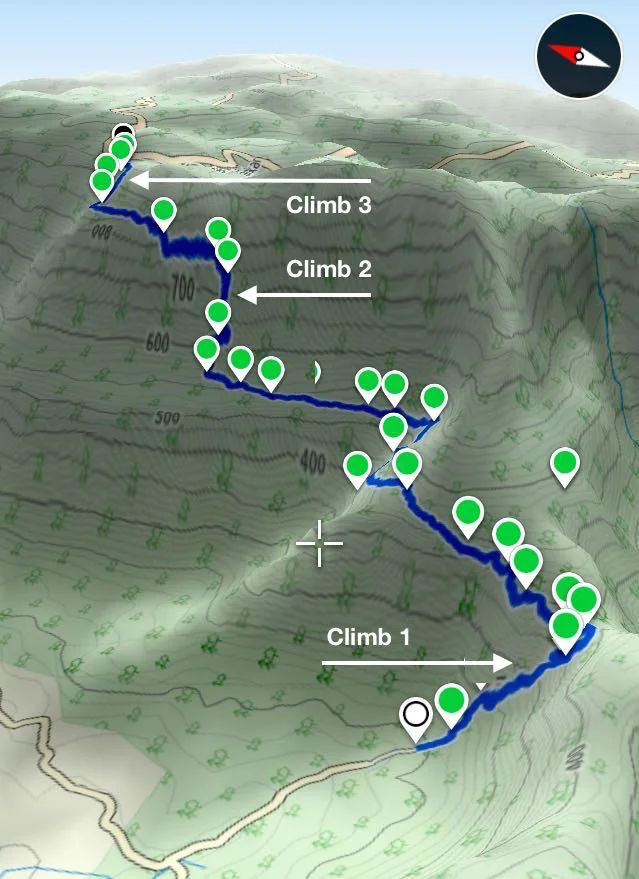 3D trekking map that shows the three climbs on the Ganesh Ghat route