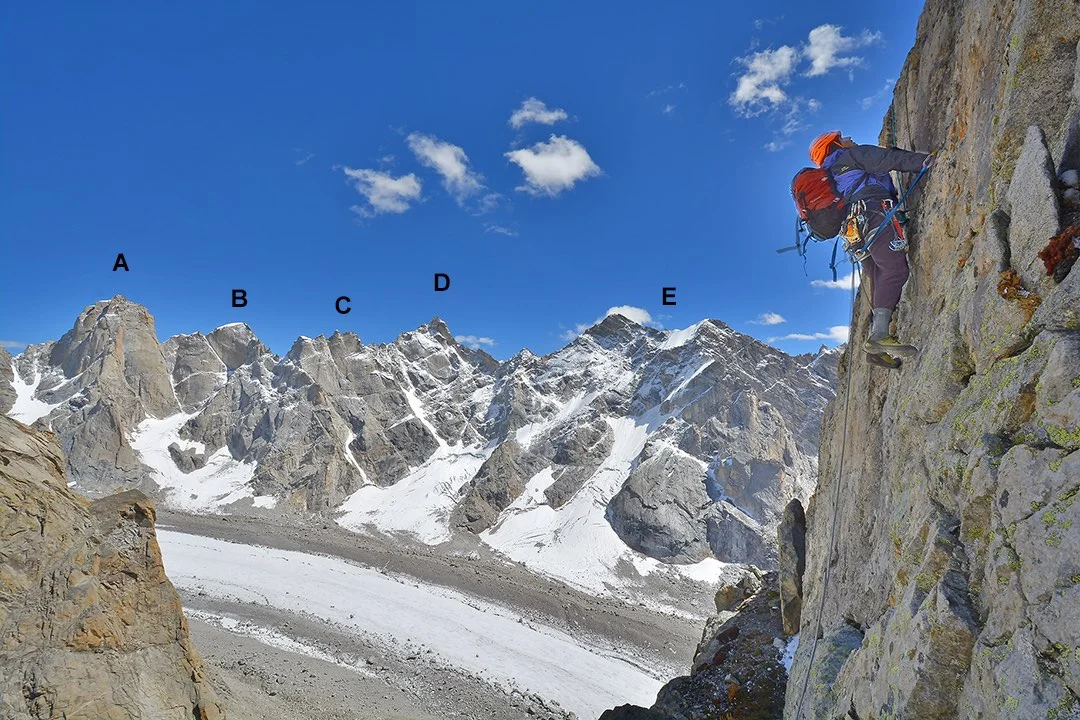 Image courtesy : American Alpine Club Author / Photographer: Carloncho Guerra Publication Year: 2013 Caption: Los Crotos on Masala Peak. Across the Chhudong Glacier lie (A) Neverseen Tower, (B) Lotos Peak, (C) Geruda Peak, (D) Mont Maudit, and (E) Double Peak.