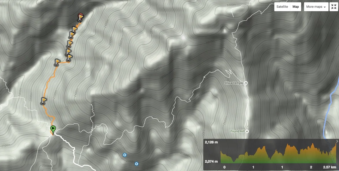 A topographical trail overview. Trail is marked in orange.