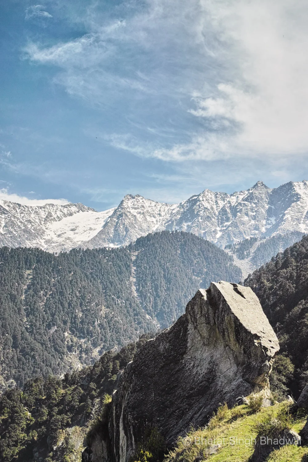 Nandi rock with snow covered Bhimghasutri pass in the background