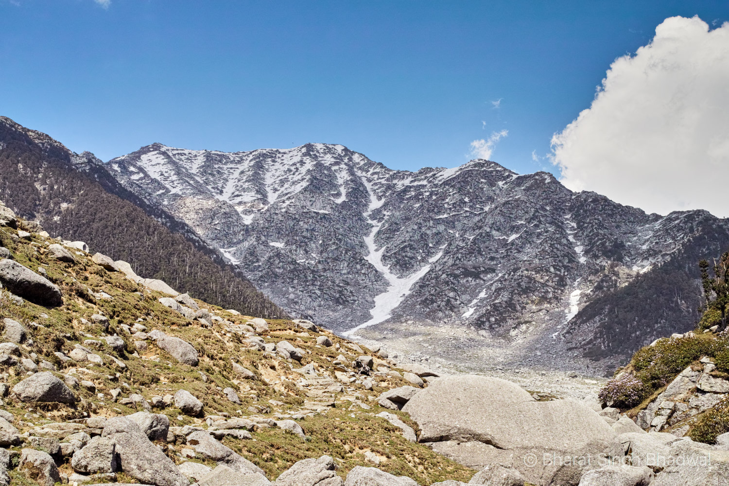 Kareri Lake trail (visible on the left) after the third and final stream crossing . Towering Minkiani Pass (4300m) in the background.