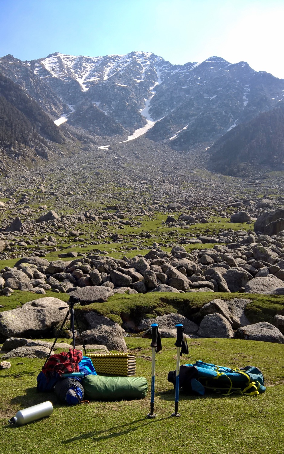 Camping gear at Kareri Lake. Therm-a-rest Z-lite sleeping mat. Mountain Equipment UK Helium sleeping bag. Eureka! Spitfire solo tent. Lifestraw, Bandana, rain Jacket, Quechua Forclaz 500 trekking poles and Quechua Forclaz 50 speed backpack.
