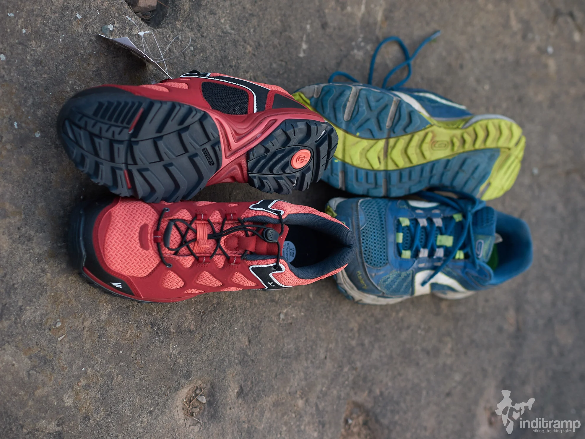 Left (Red) - Decathlon Quechua Forclaz Flex 3 with quick draw laces, Right (Blue) Decathlon Kapteren Crossover with traditional laces.