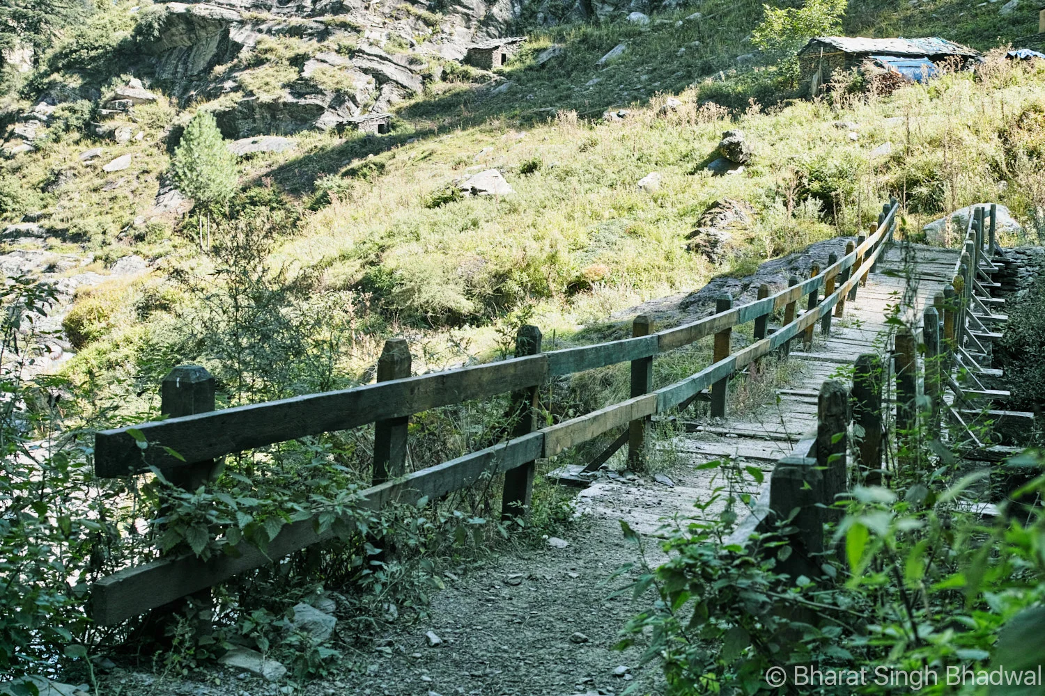 Crossing Ravi tributary over a wooden bridge at Channi