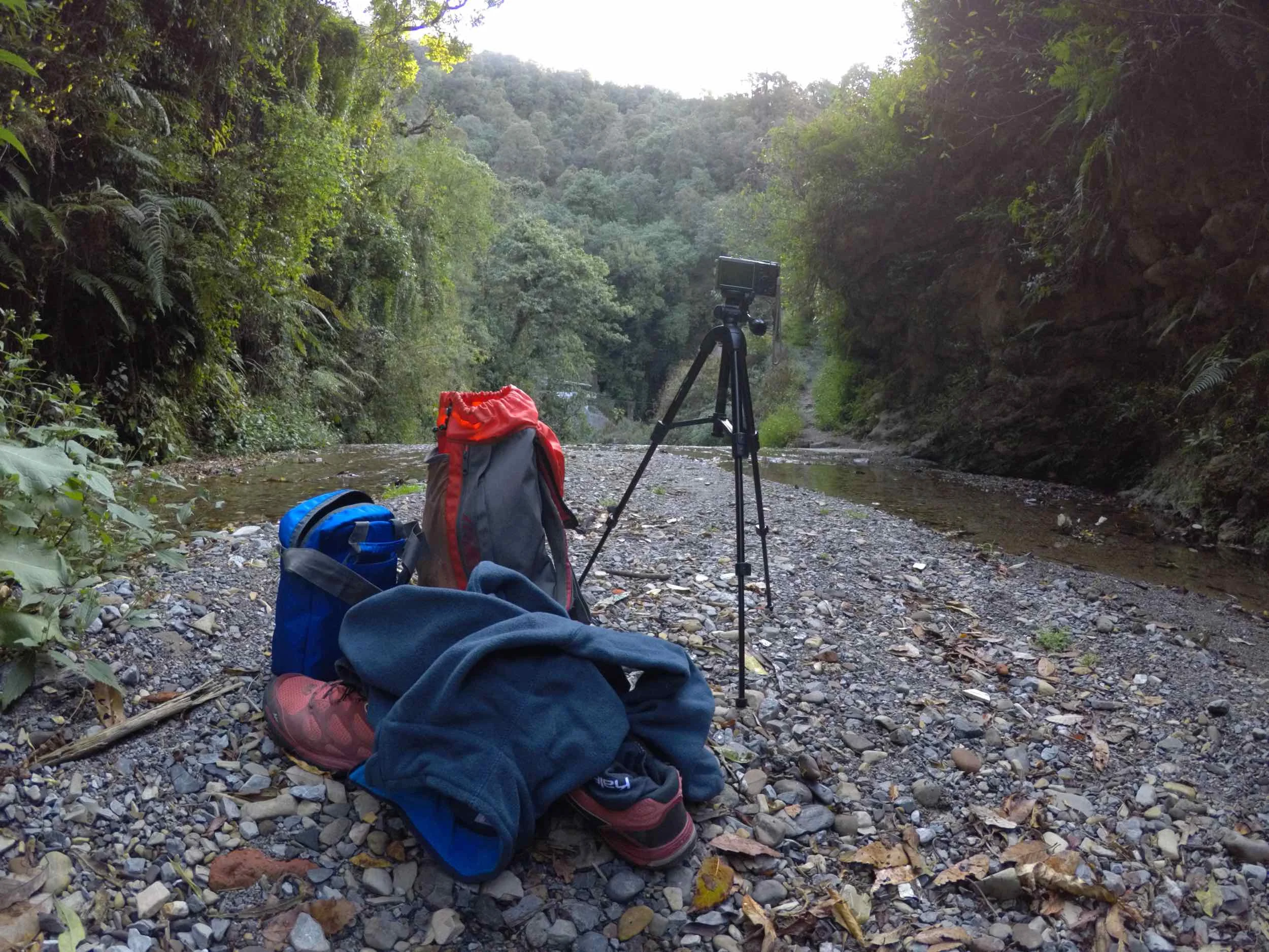 Quechua fleece and trail runners with Kalenji socks and thankfully unseen undies. Skinny dipping is best enjoyed....ummm skinny.