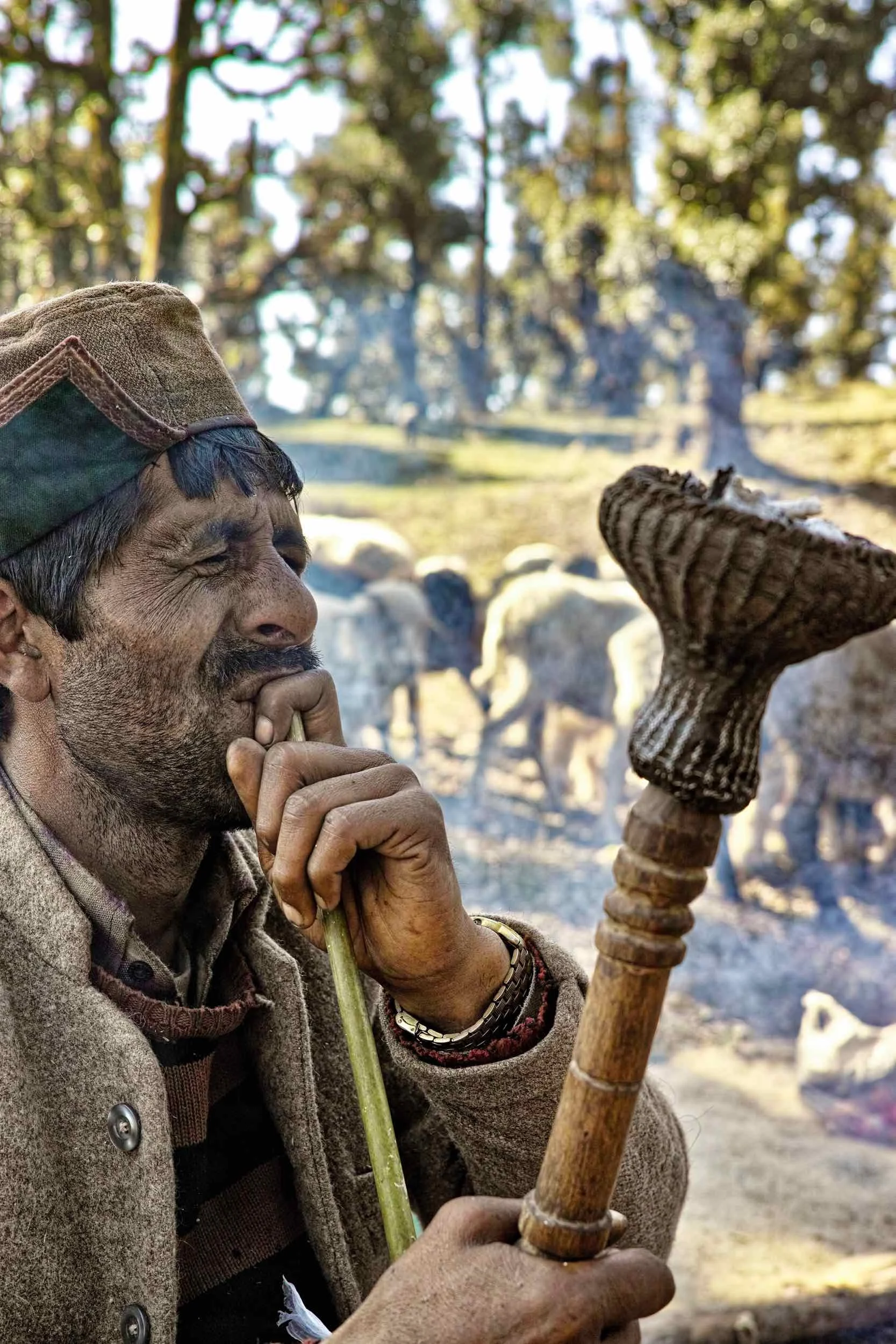 A Gaddi smoking a Hookah at Nag Tibba
