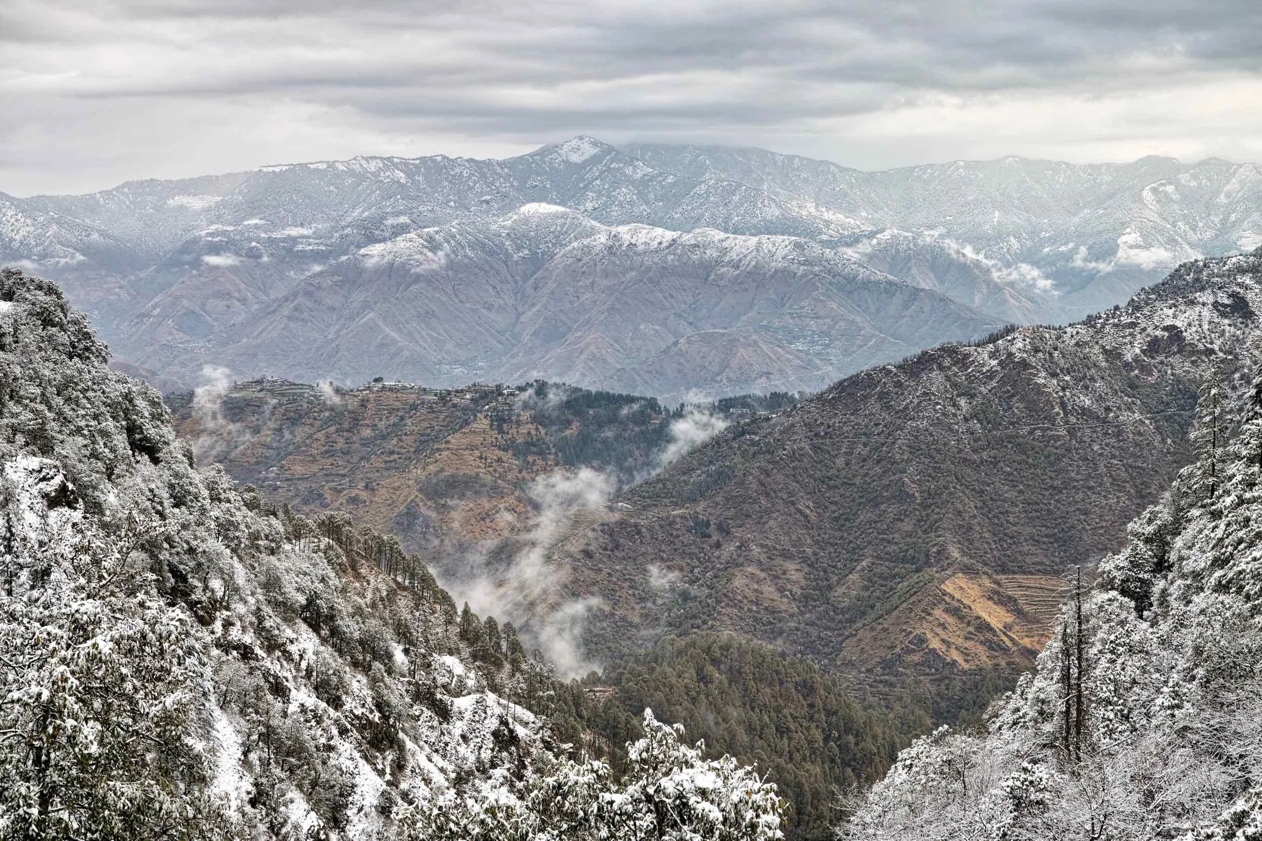Nag Tibba covered in snow on Holi, as viewed from Bataghat (East end of Mussoorie)