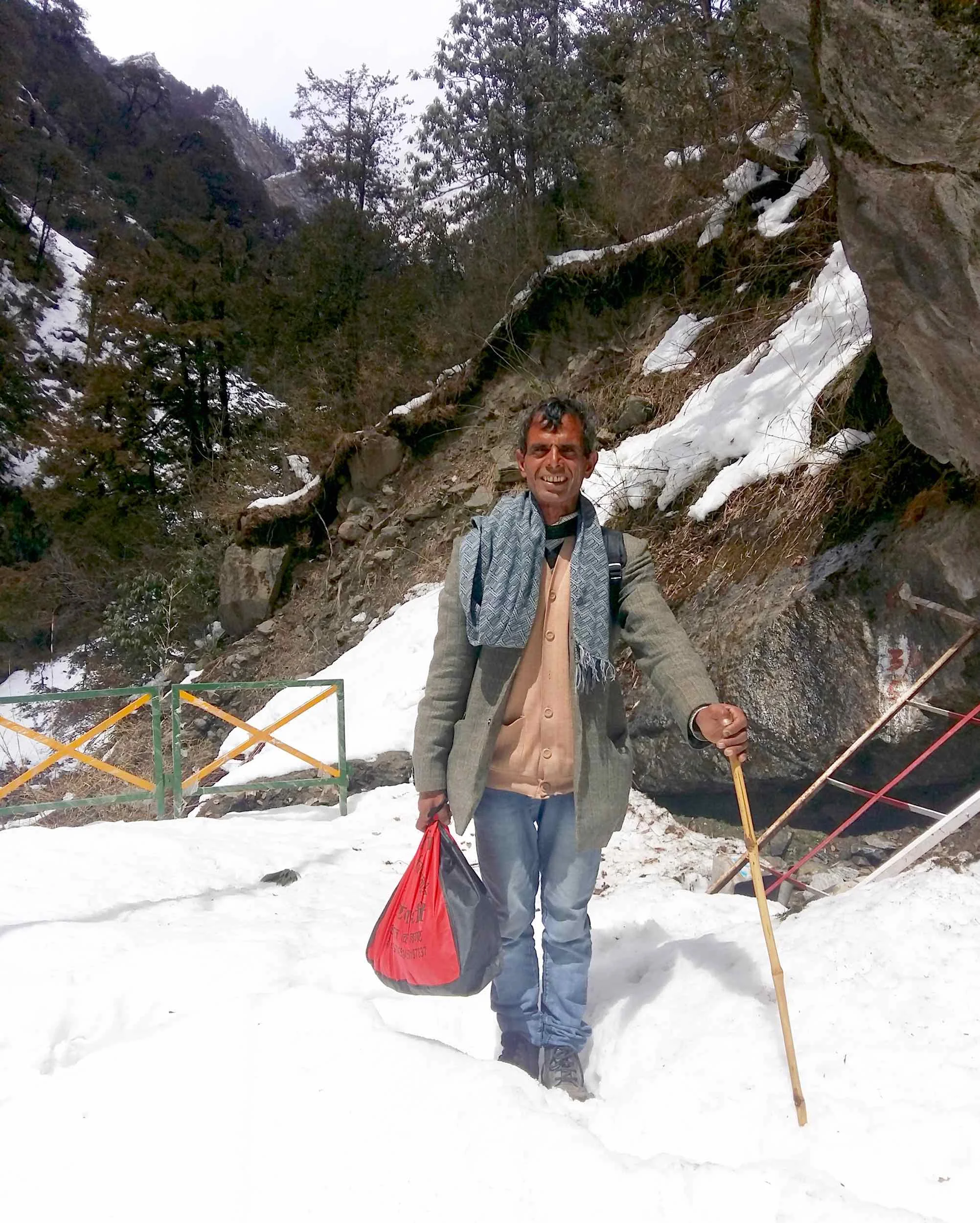 Those jeans are not really cut out for thigh deep snow. Cotton (denim) retains water when it gets wet and that makes it heavy and cumbersome. The heavy hand bag doesn't help things either in this case.