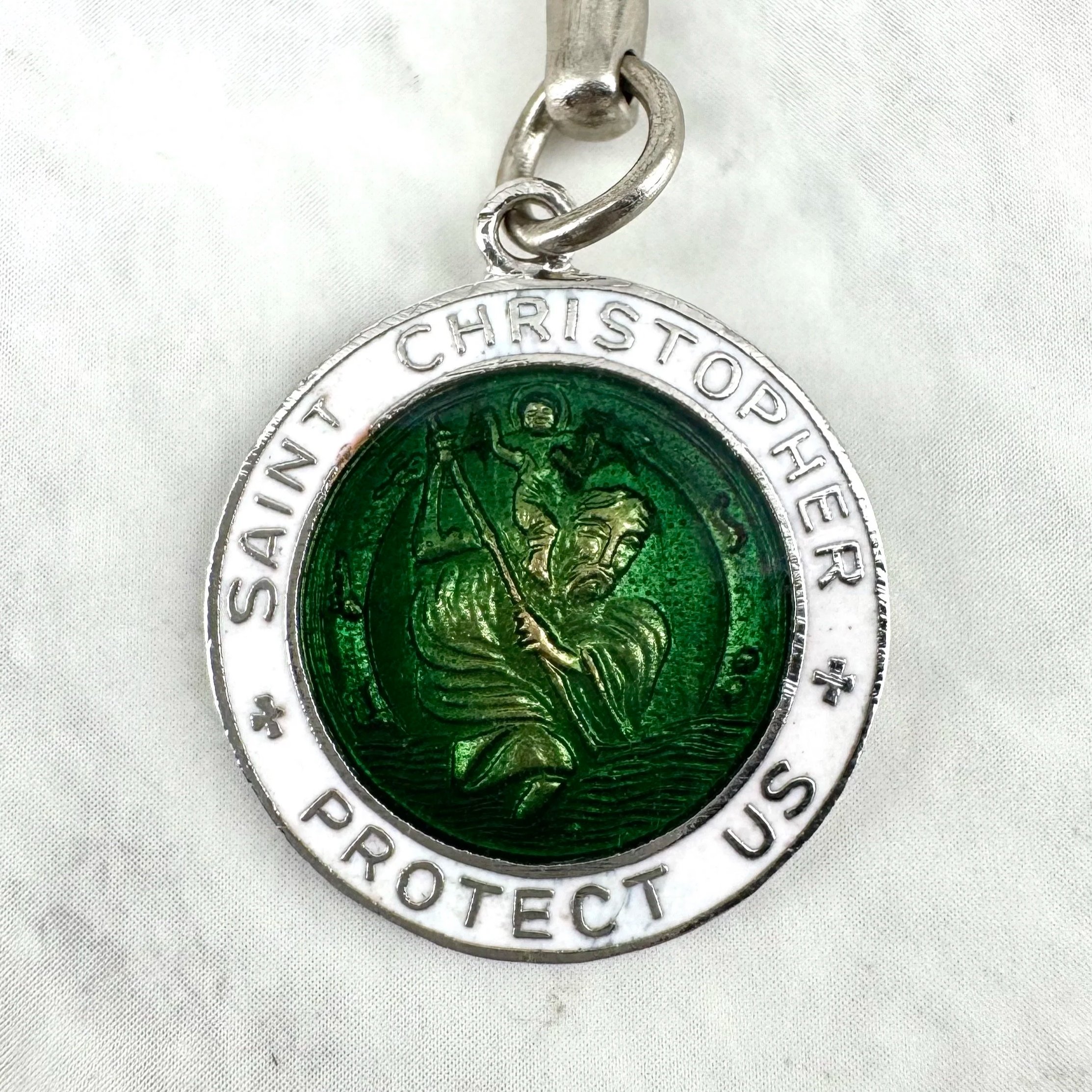 Vintage White and Green Enameled St Christopher Zodiac Surfer Medal Key Chain Original Box JAPAN