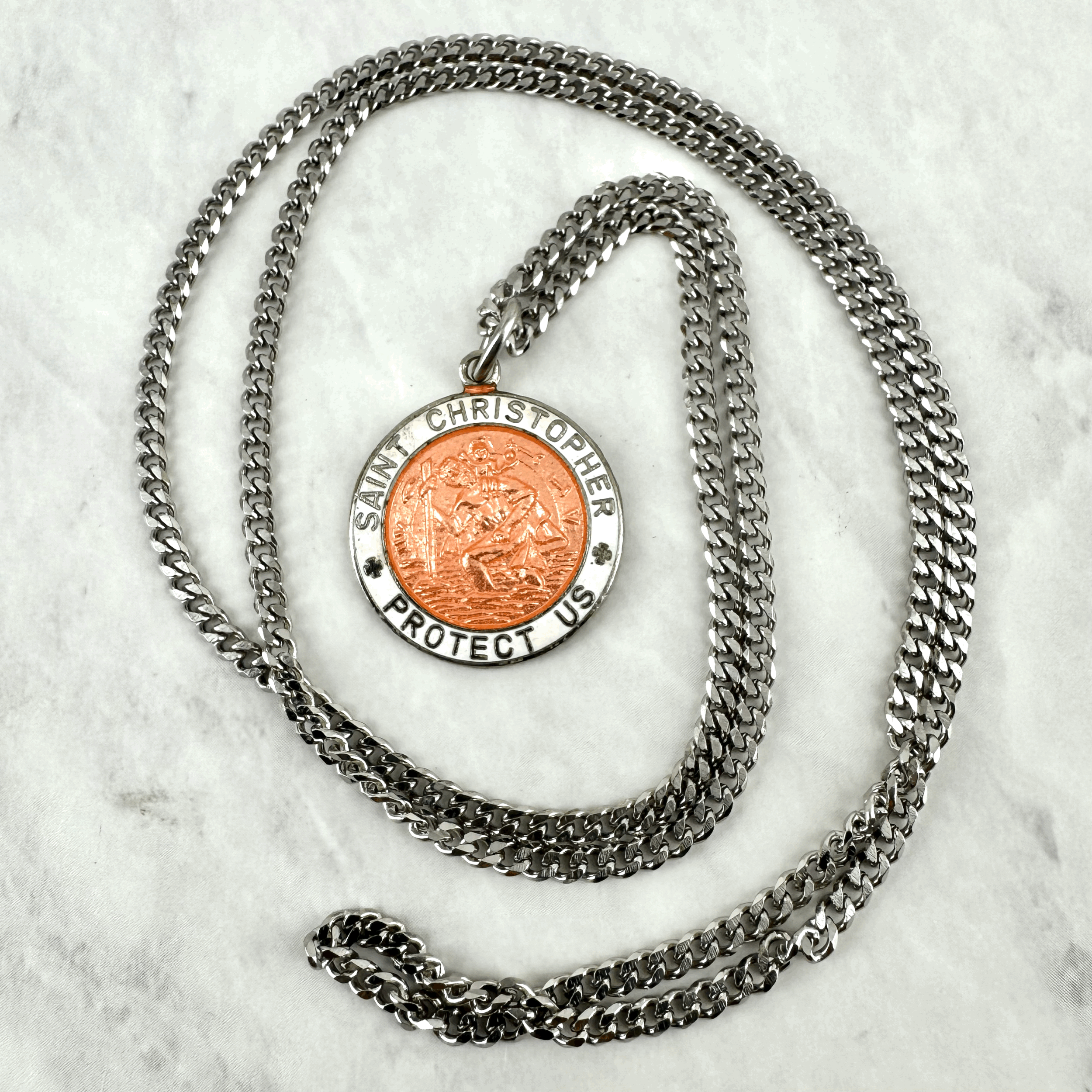 Vintage Enameled Double Sided 1” Star of David ~ White & Salmon  St Christopher Necklace