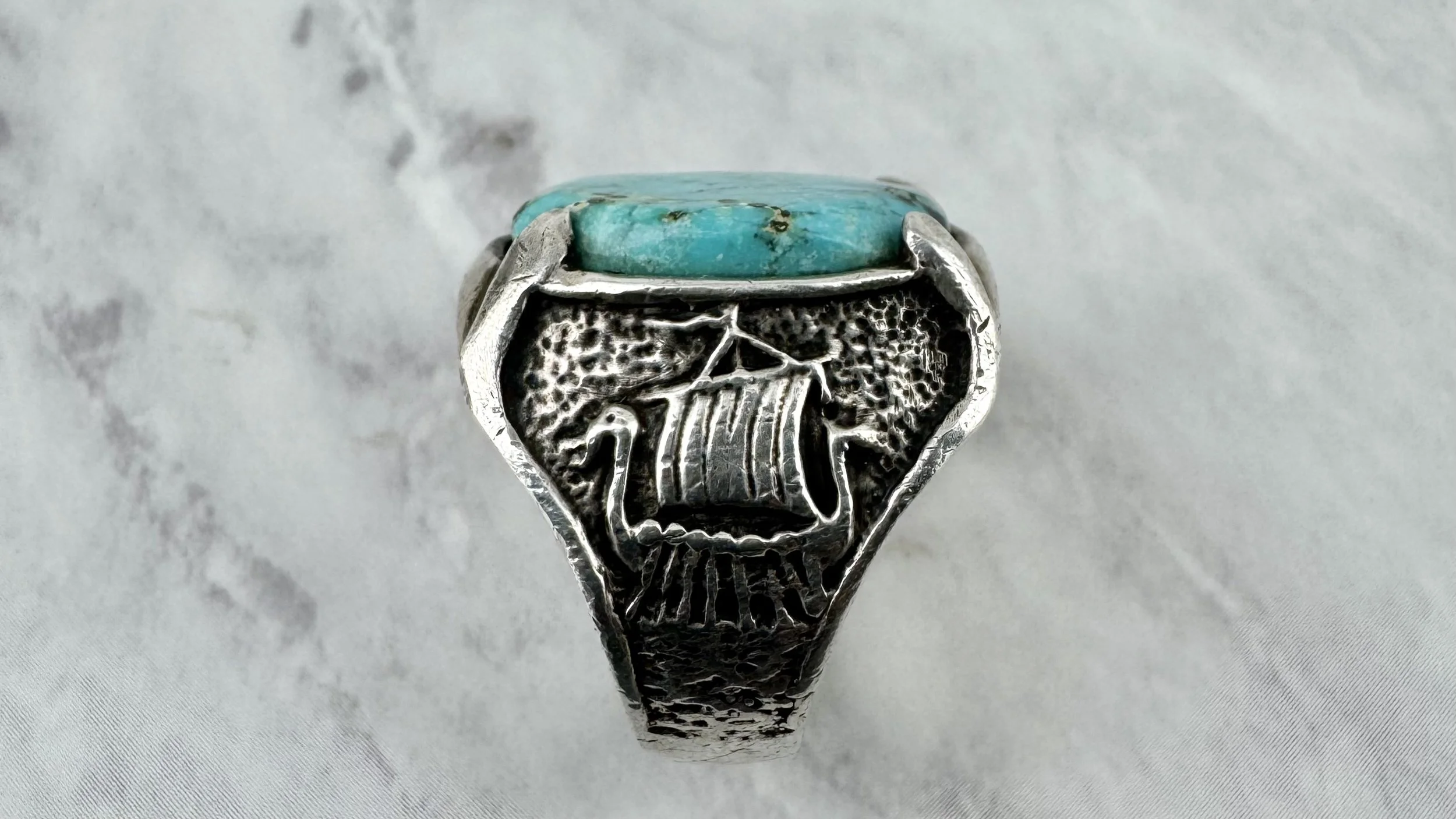 Vintage Turquoise Viking Ships Silver Ring