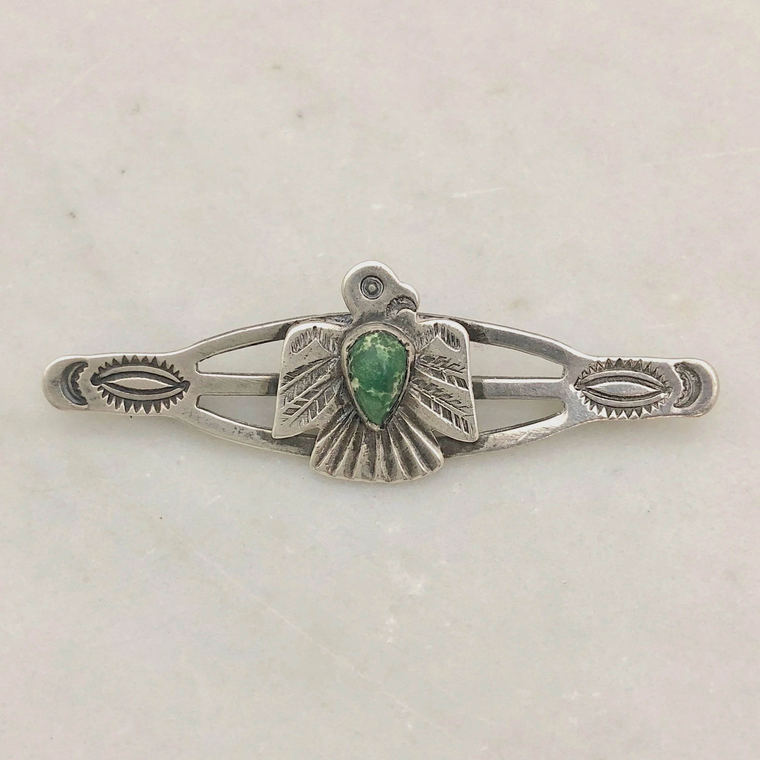 Fred Harvey Era Silver & Turquoise Thunderbird Pin — Worn