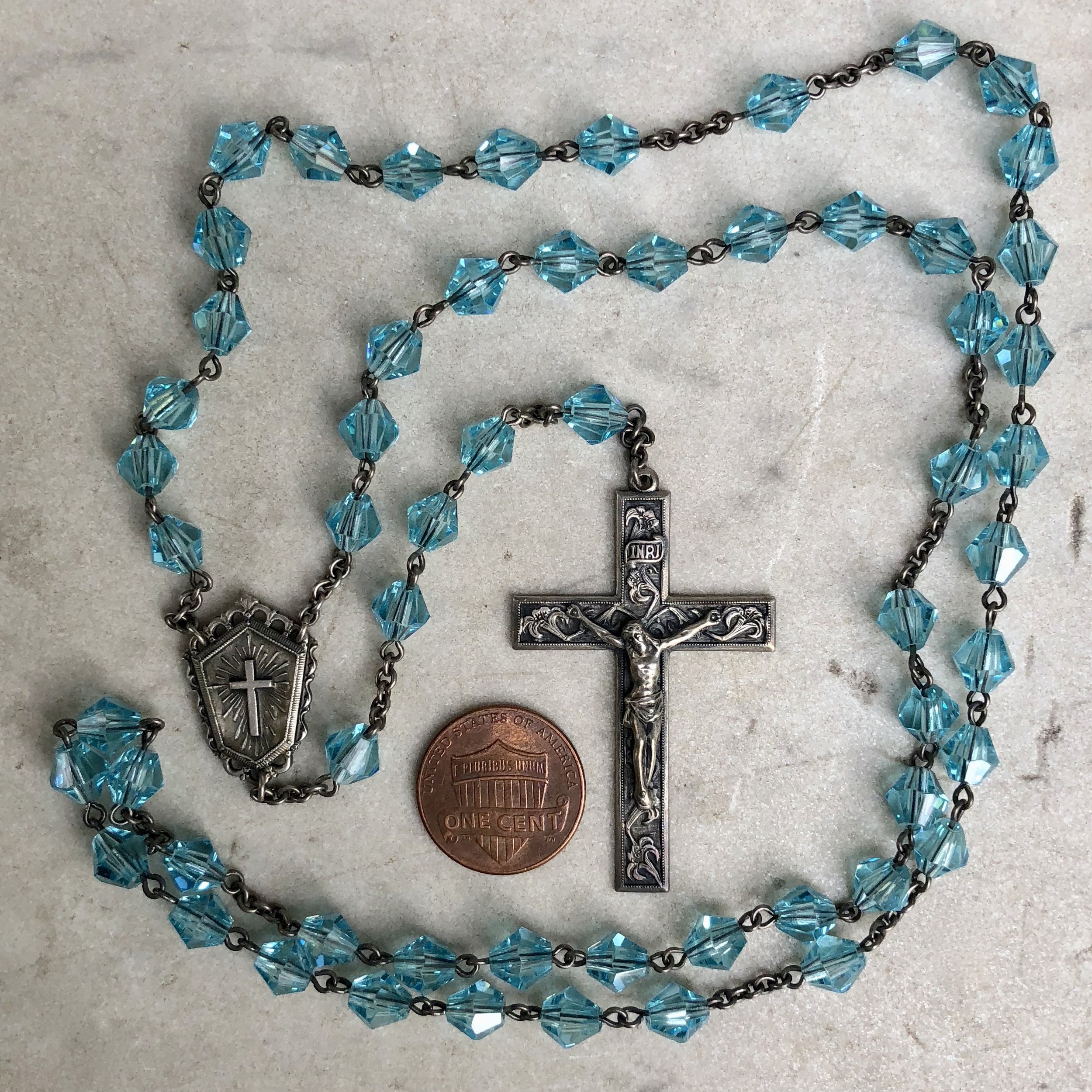 Gift Boxed St George-Paratrooper Center and 1 3/8 x 3/4 inch Crucifix George-Paratrooper Rosary with 6mm Aqua Color Fire Polished Beads Silver Finish St