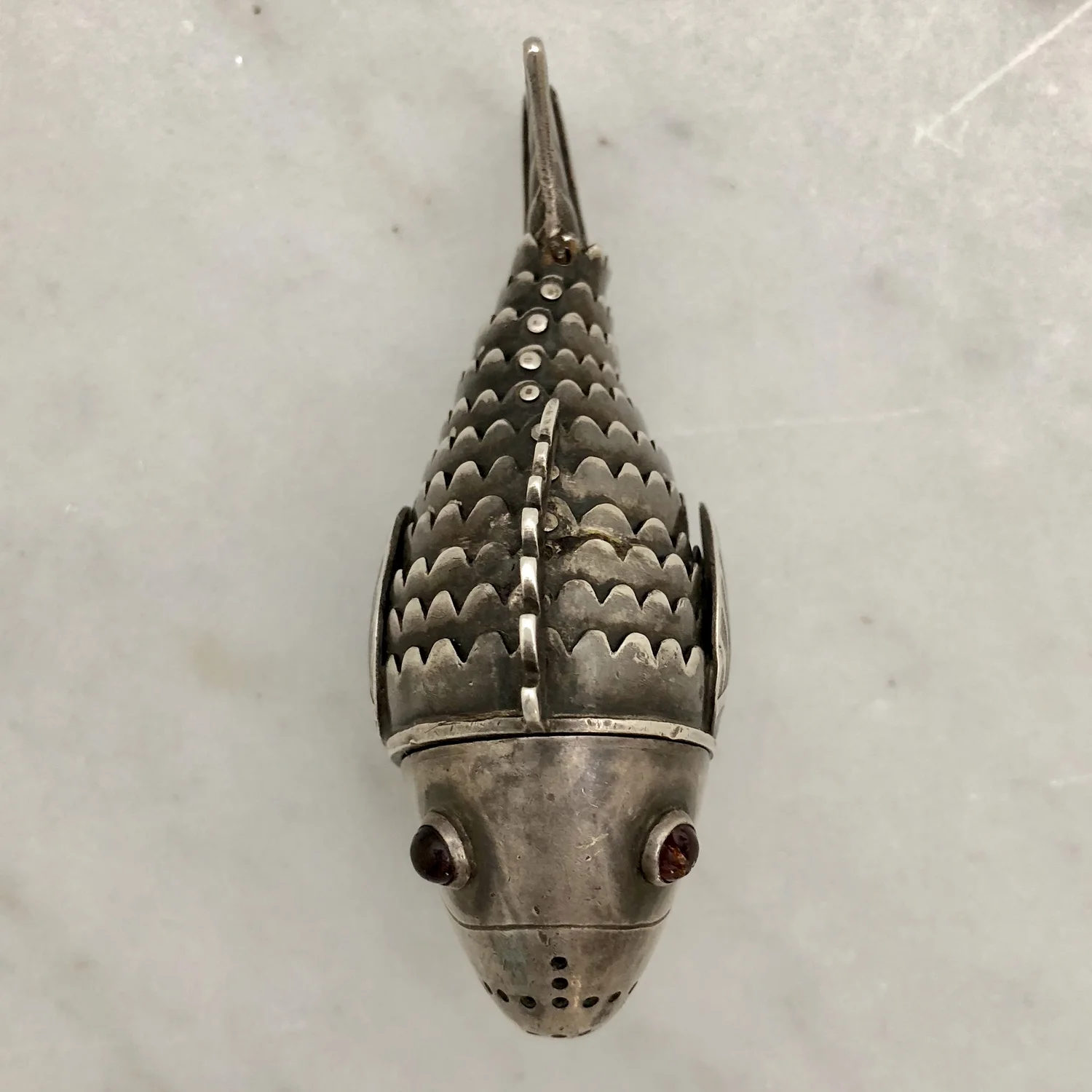 Vintage Scandinavian Silver Articulated Fish Salt Shaker ~ Spice Container  with Red Jeweled Eyes  Worn-Over-Time