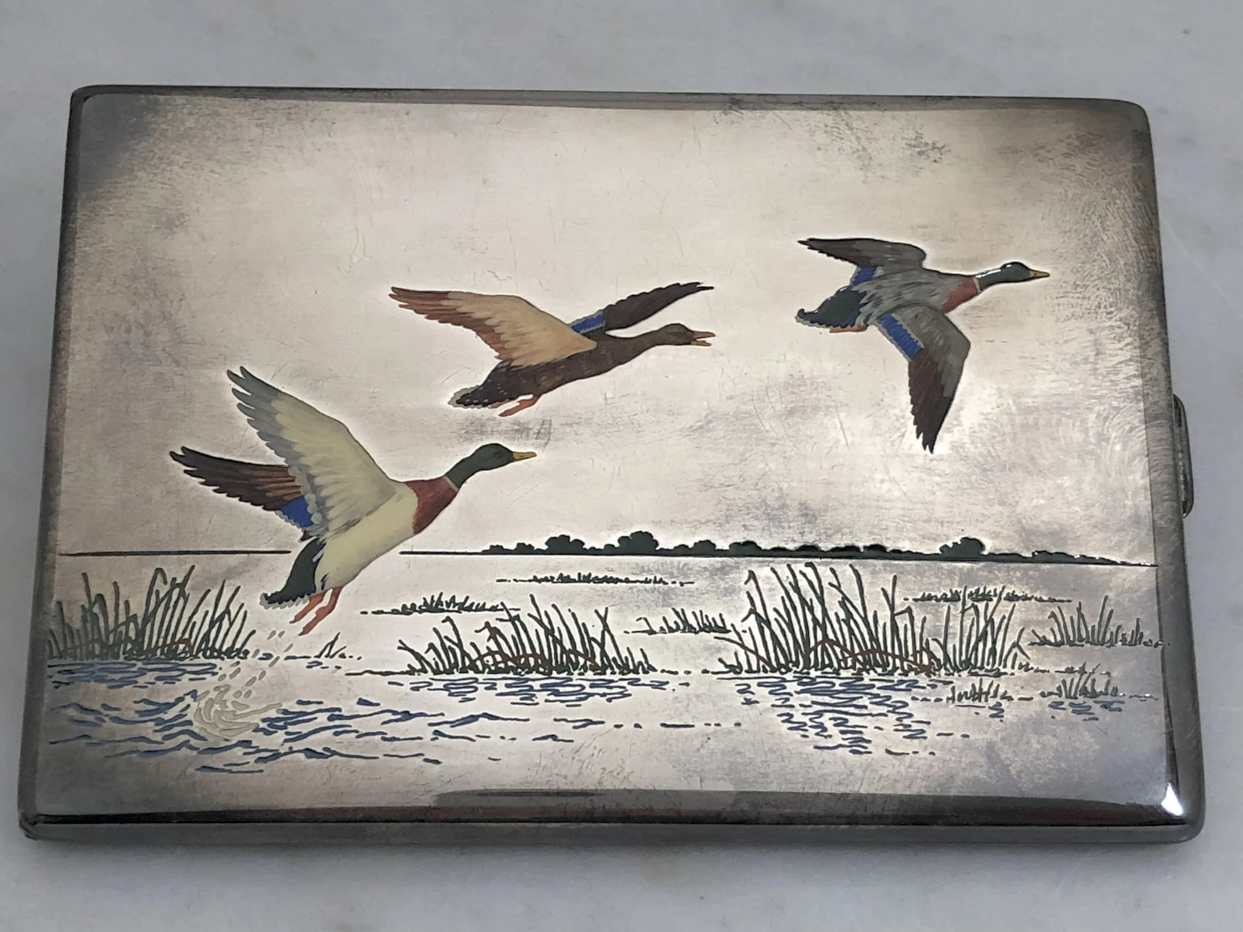 Vintage Enamel Flying Ducks Charles Thomae Silver Cigarette Case —  Worn-Over-Time
