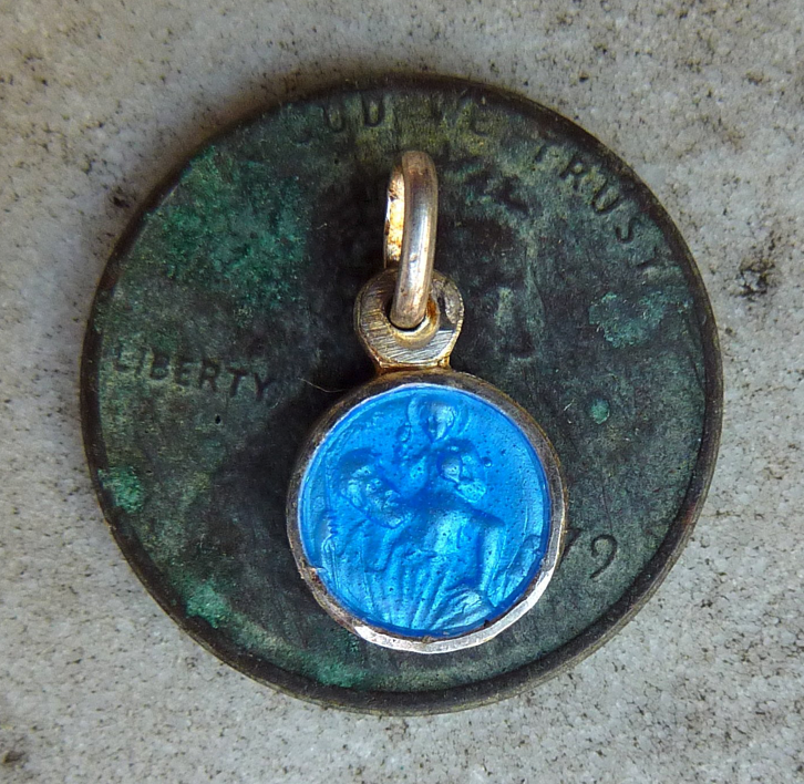 Tiny Early 1900's French Blue Enamel St. Christopher Motor Car Medal Charm Pendant