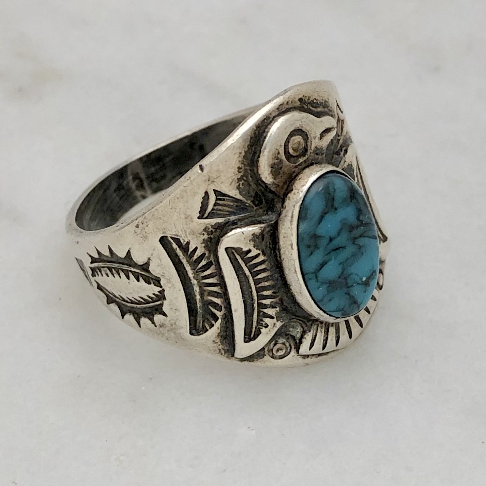 Size 11  Vintage Fred Harvey era Navajo heavy sterling silver Men’s chunky signet ring with thunderbird appliqué and stamped detail