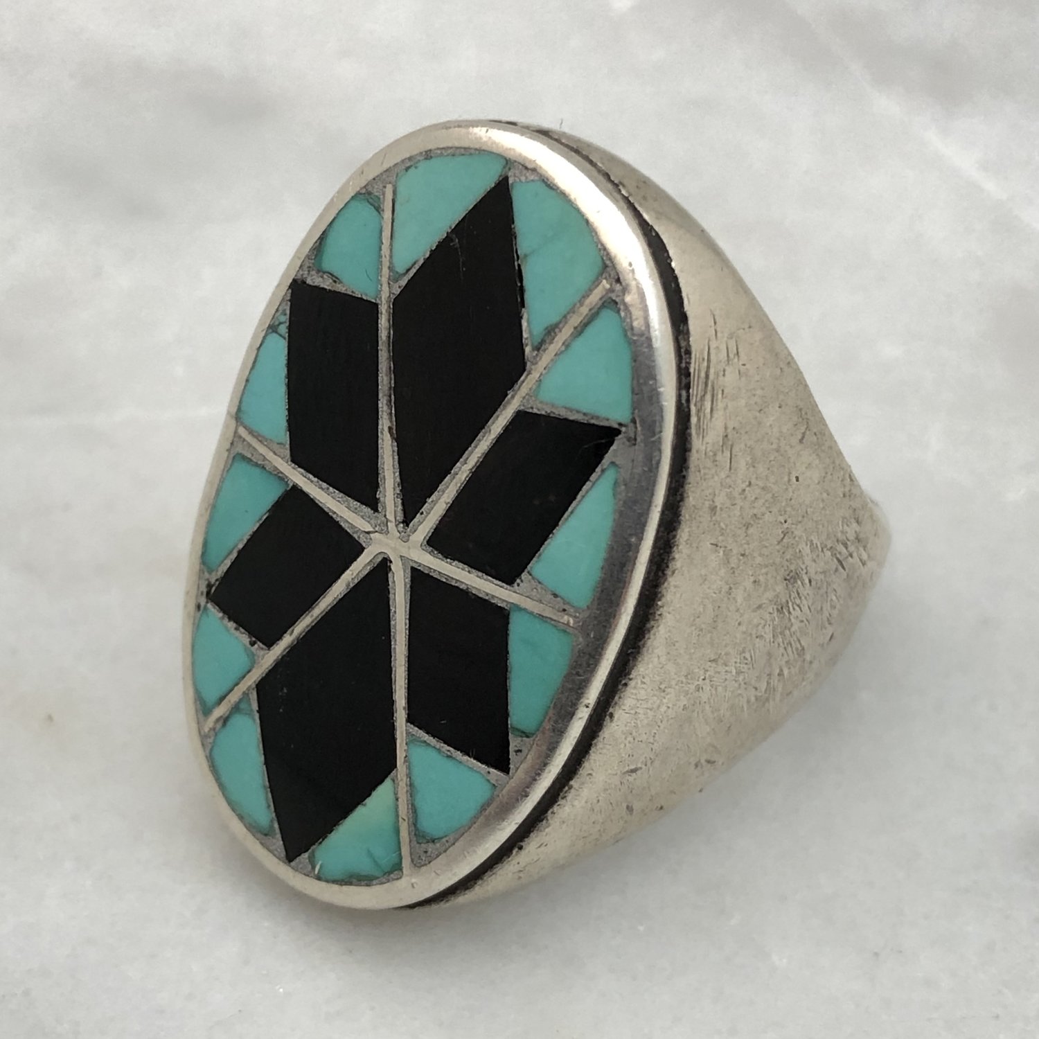 Vintage Zuni Inlaid Silver Turquoise & Black Onyx Star Ring — Worn 
