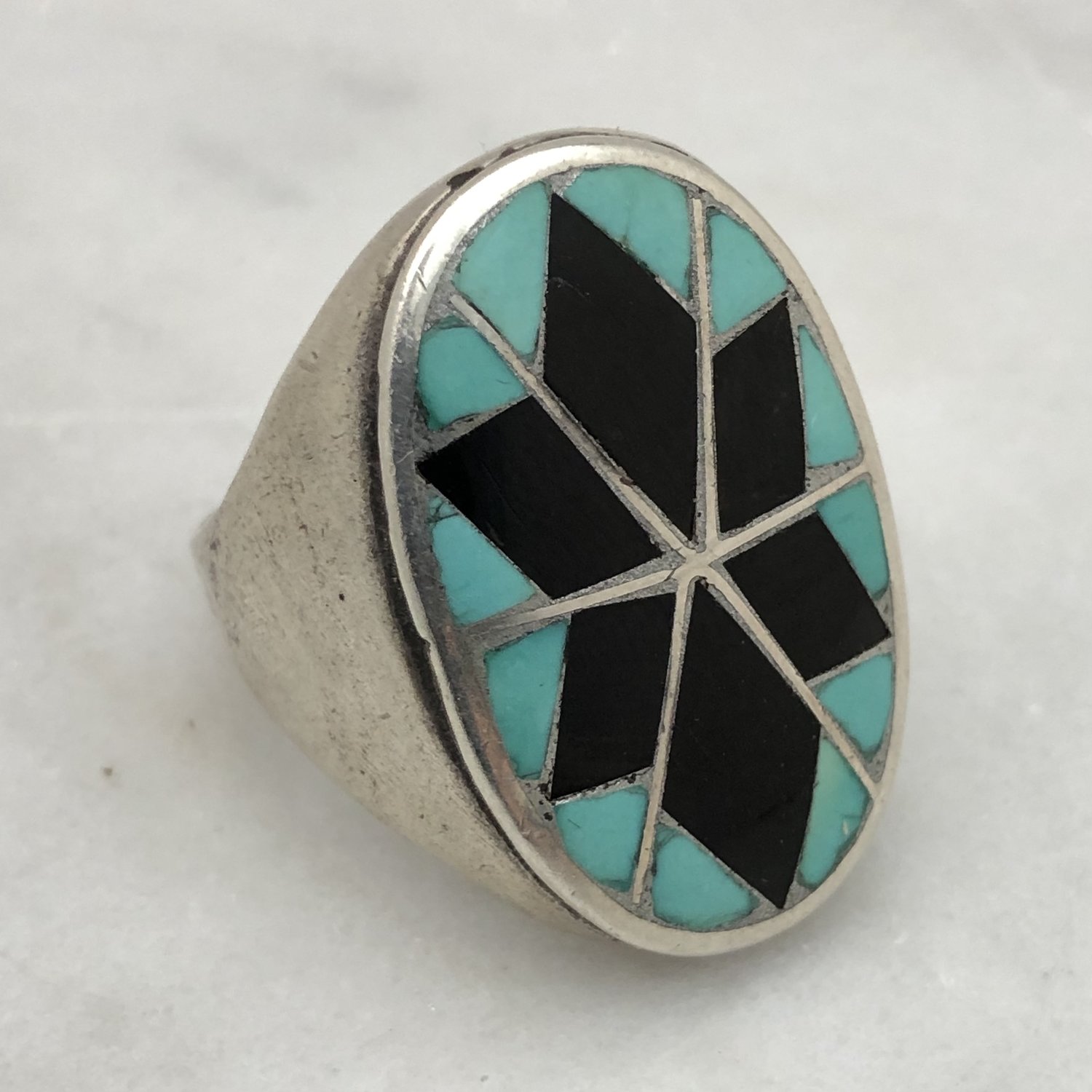 Vintage Zuni Inlaid Silver Turquoise & Black Onyx Star Ring — Worn-Over-Time
