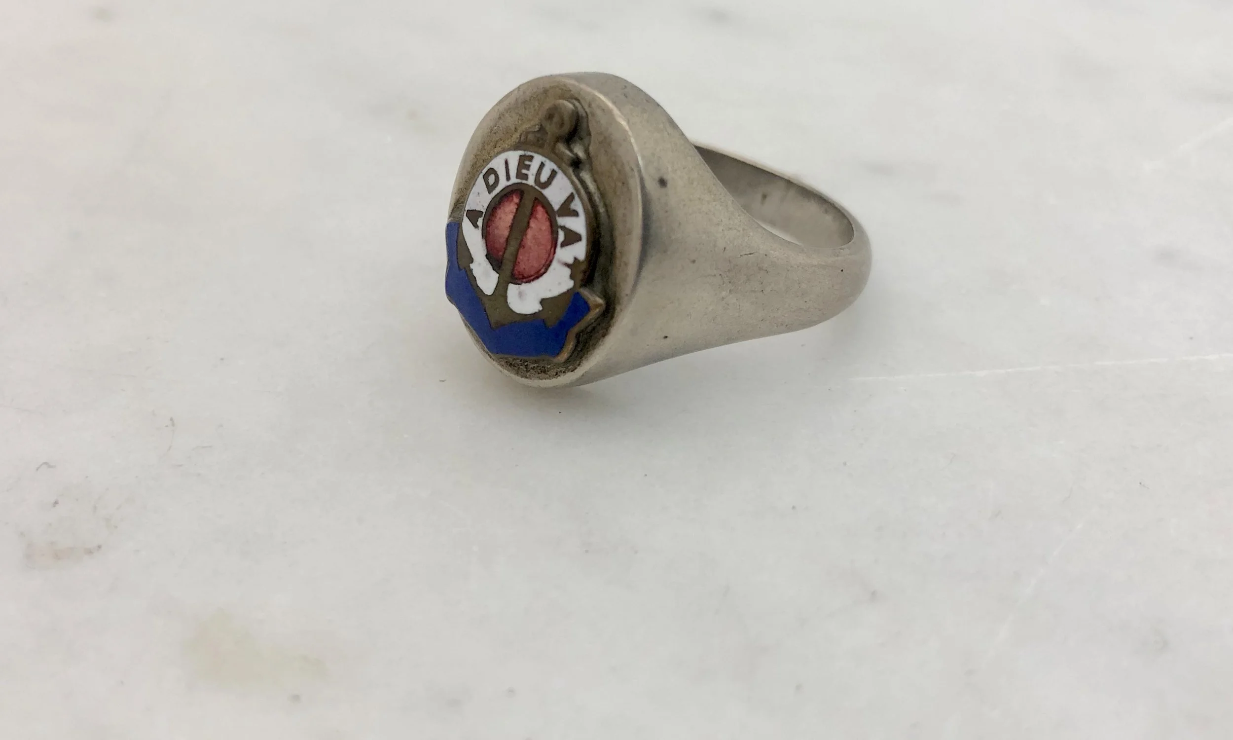 Vintage French Enameled Anchor &amp; Lifesaver A DIEU VAT Good Luck &amp; Godspeed Silver Ring 