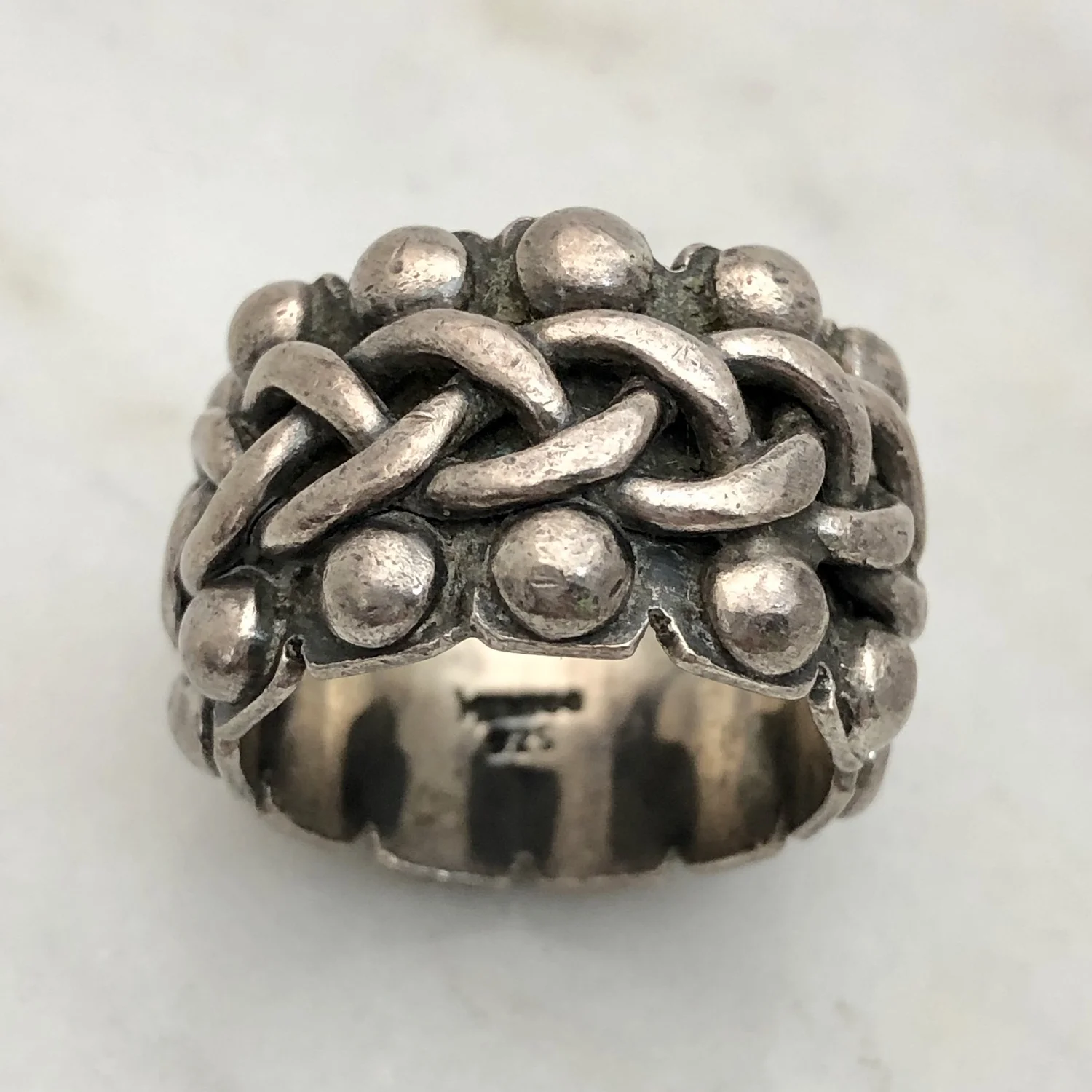 Vintage Modern Era Dot & Braid Design Mexican Silver Ring — Worn