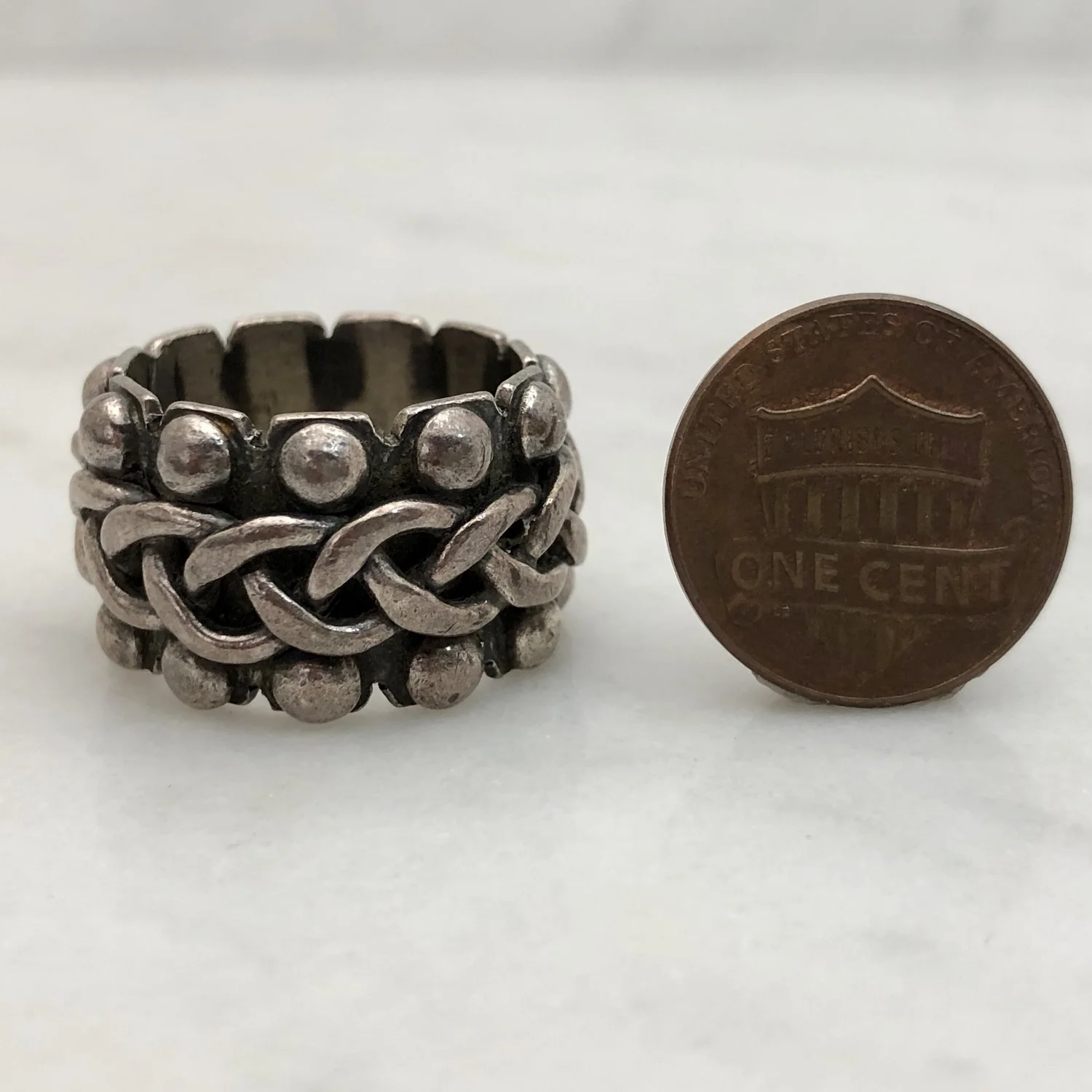 Vintage Modern Era Dot & Braid Design Mexican Silver Ring — Worn 