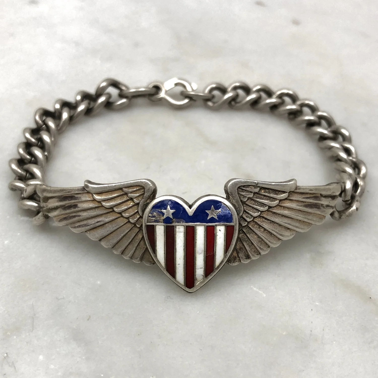 Rare WW2 Enameled Silver Stars & Stripes Heart Pilots Wings