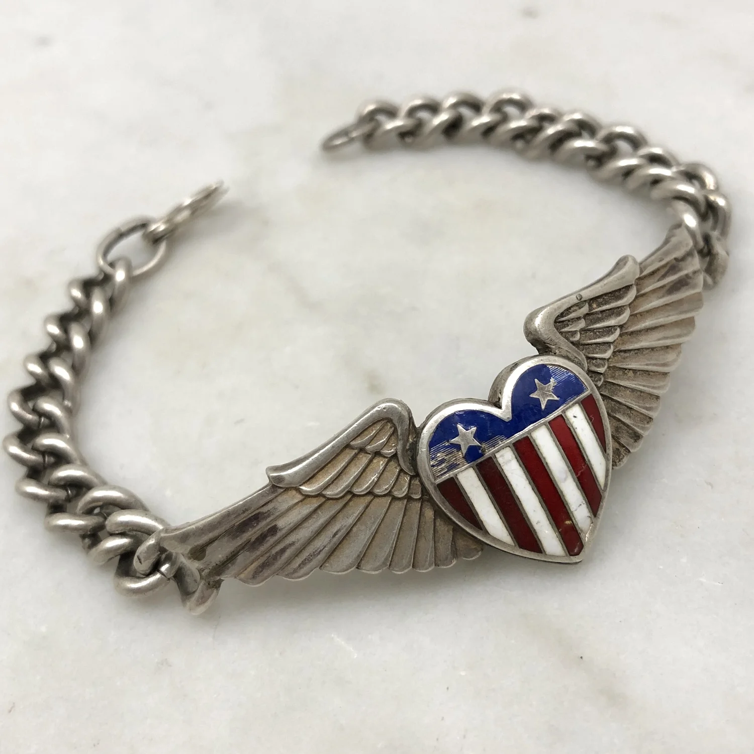Rare WW2 Enameled Silver Stars & Stripes Heart Pilots Wings
