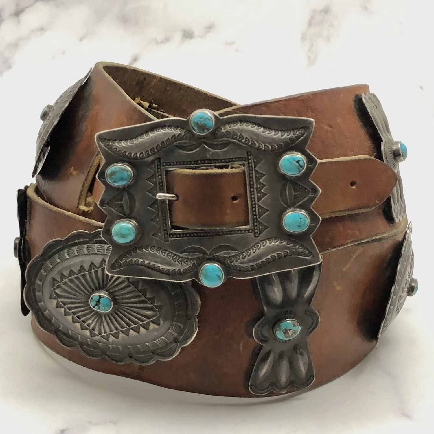 Vintage Fred Harvey Era Navajo Turquoise & Silver Wide Leather