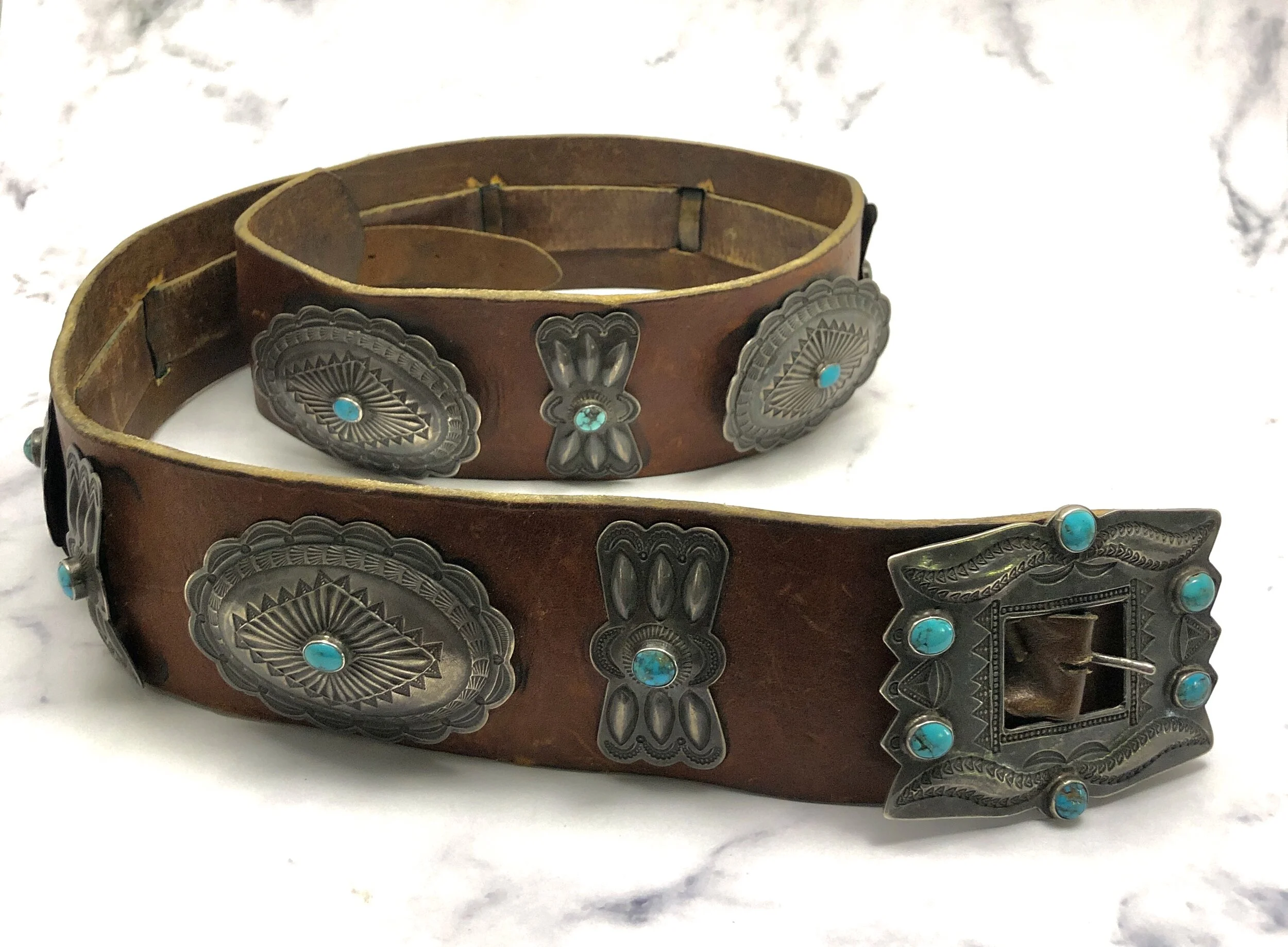 Vintage Fred Harvey Era Navajo Turquoise & Silver Wide Leather