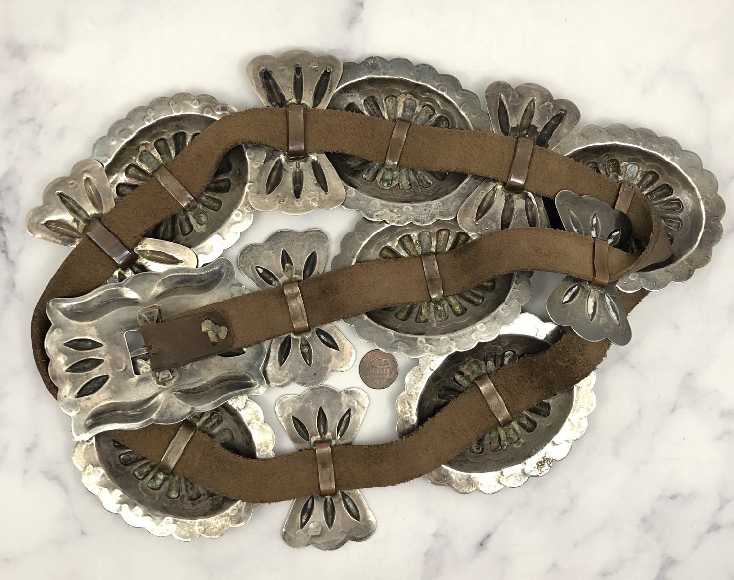 Vintage Fred Harvey Era Silvel Copper Concho Belt Railroad Souvenir Mid Century Vintage Fred Harvey Era Navajo Silver Concho Belt — Worn  main image 4