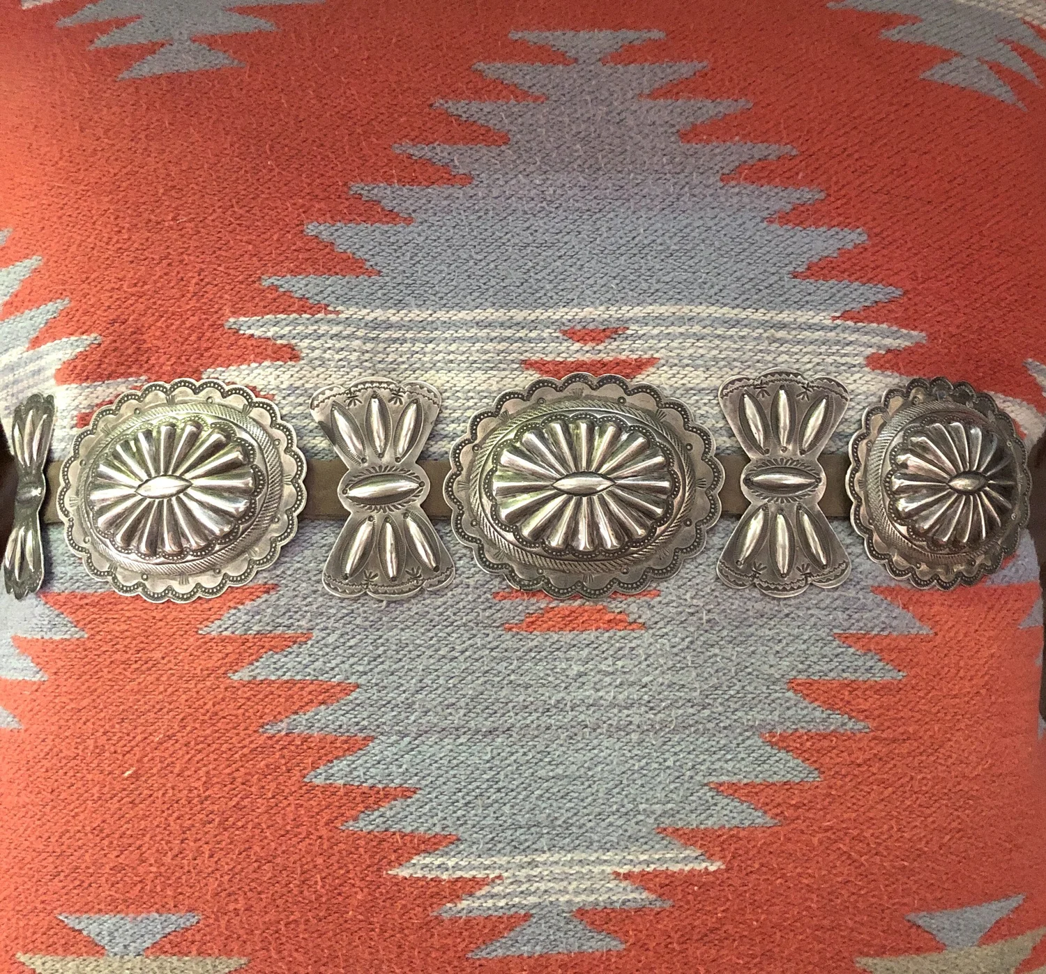 Vintage Fred Harvey Era Silvel Copper Concho Belt Railroad Souvenir Mid Century Vintage Fred Harvey Era Navajo Turquoise & Silver Wide  main image 4