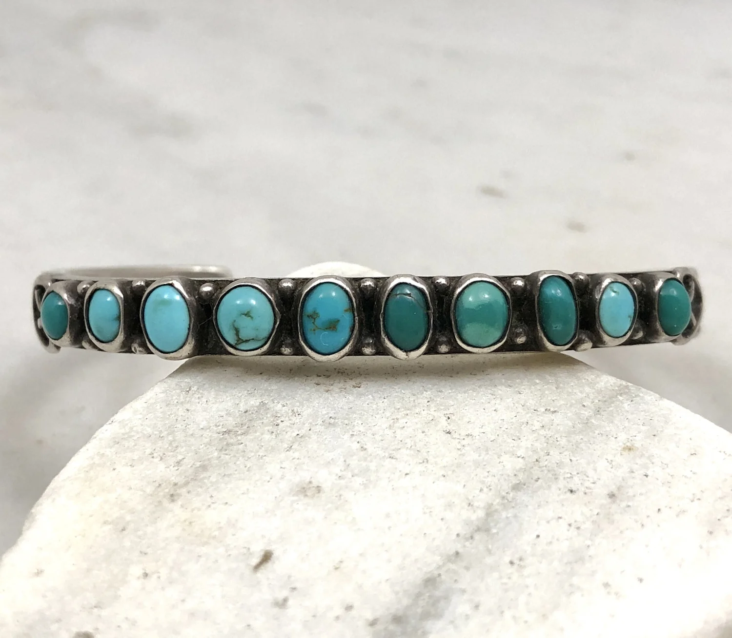 Fred Harvey Era Navajo Ingot Silver 10-Stone Turquoise Row